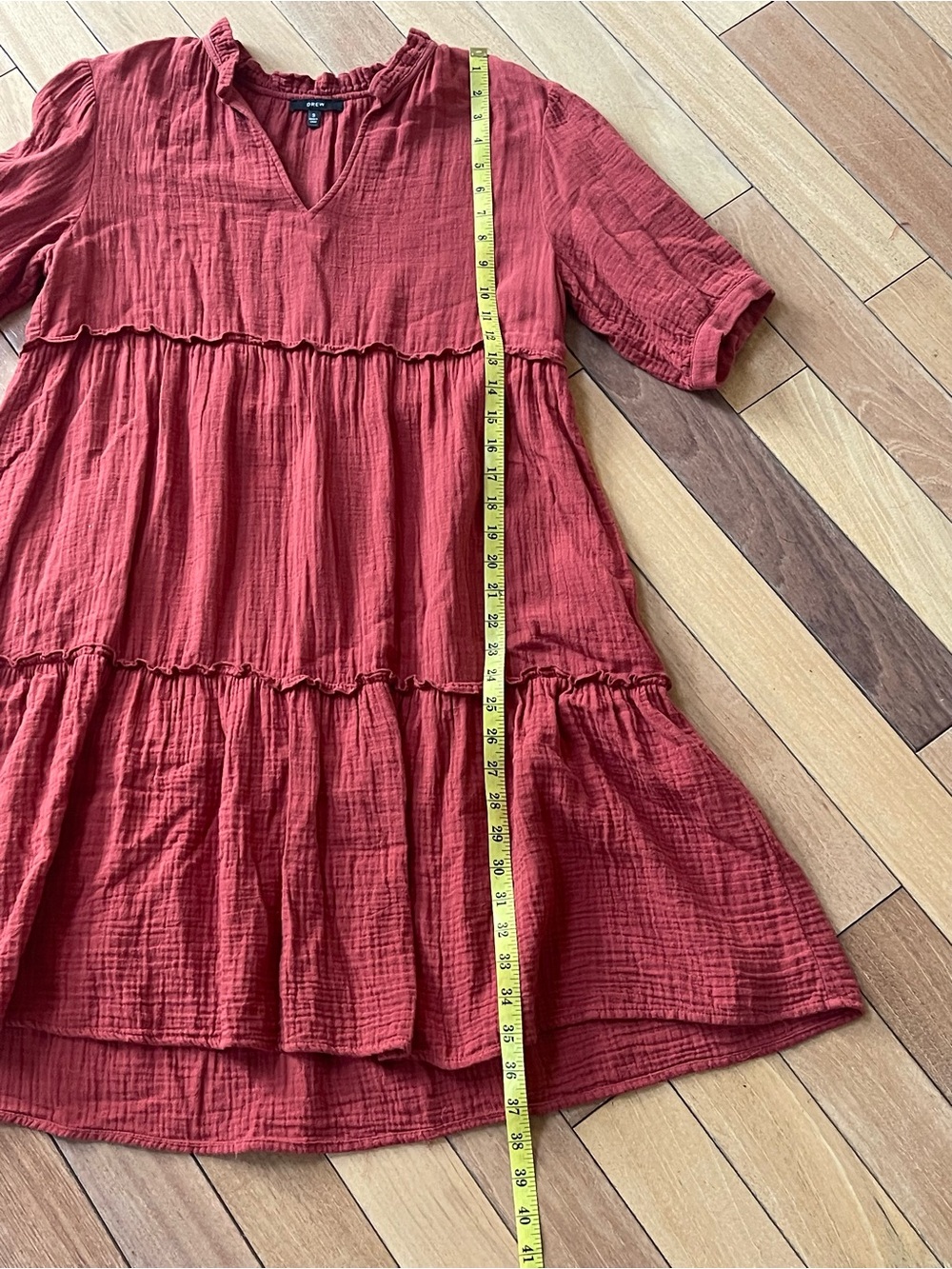 DREW Cotton Gauze Tiered Dress Small Rust Red Ruffle Neck Boho Cottagecore - Picture 5 of 8